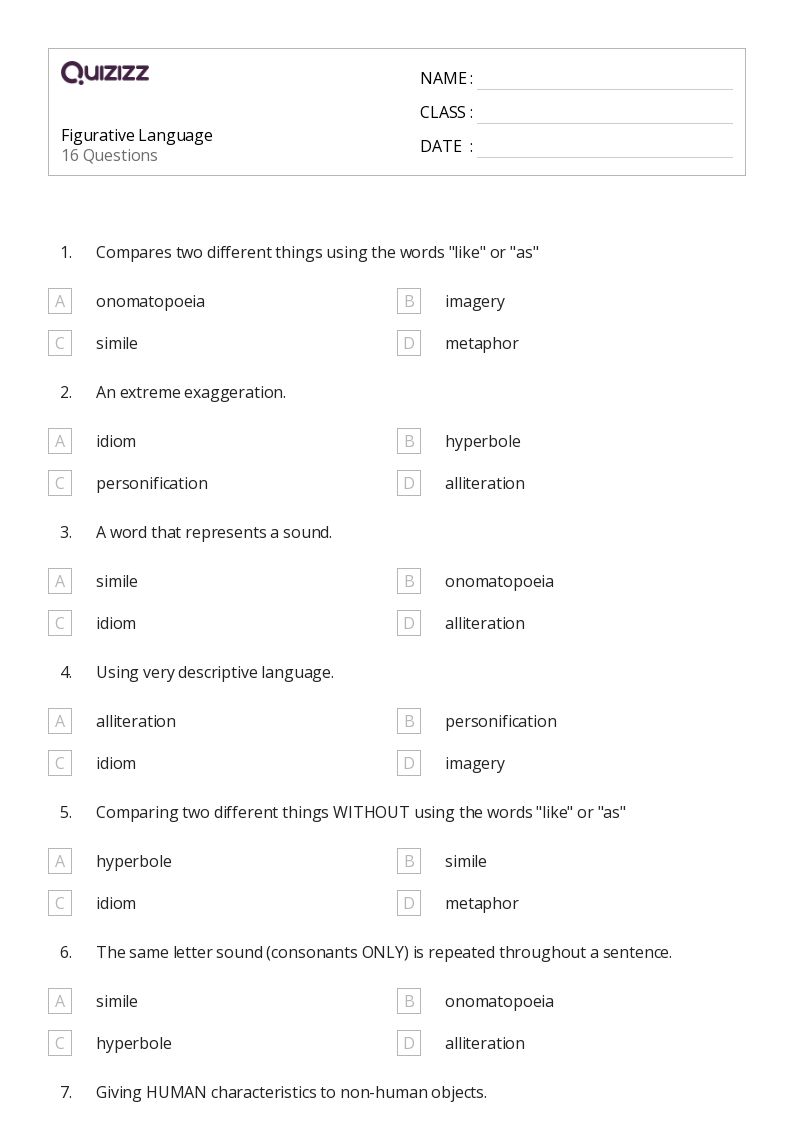 Printable Figurative Language Worksheets for Grade 8 Quizizz