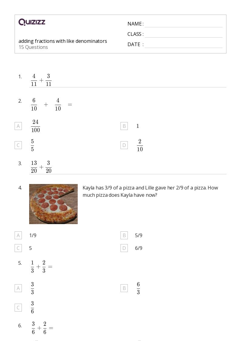 50+ Adding Fractions with Like Denominators worksheets for 8th Grade on Quizizz Free & Printable