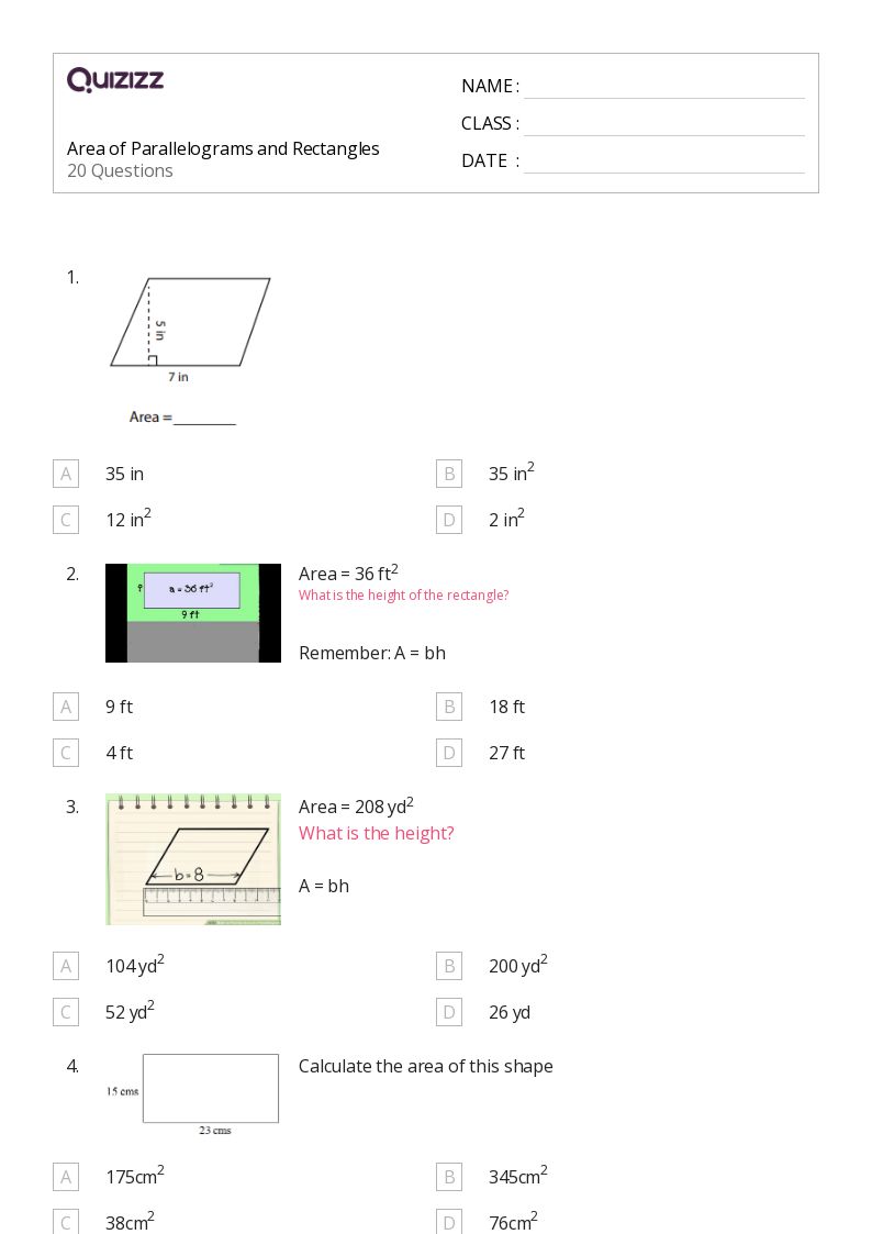 50+ area of rectangles and parallelograms worksheets on Quizizz Free