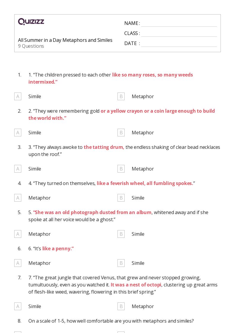 50+ Similes worksheets for 8th Grade on Quizizz Free & Printable