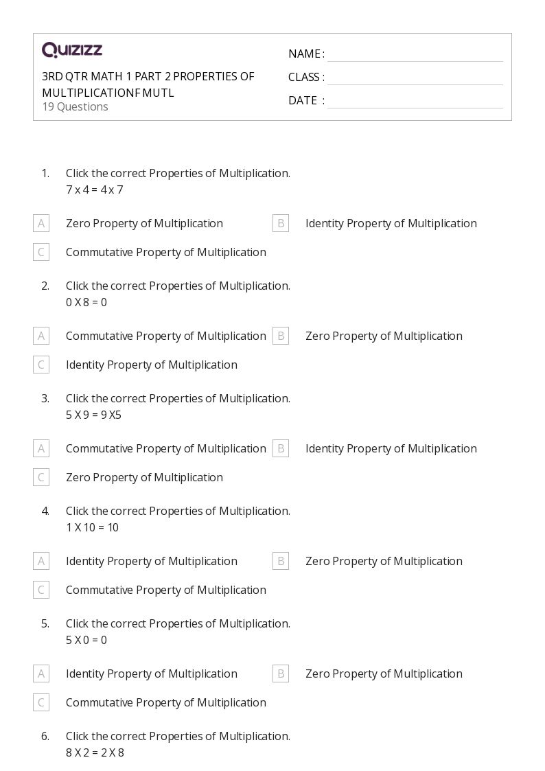 50+ Properties of Multiplication worksheets for 1st Class on Quizizz Free & Printable
