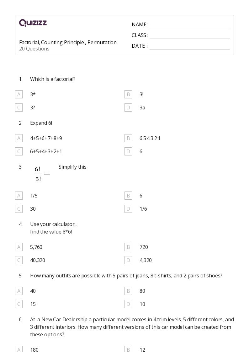 50+ permutations worksheets for 8th Grade on Quizizz Free & Printable