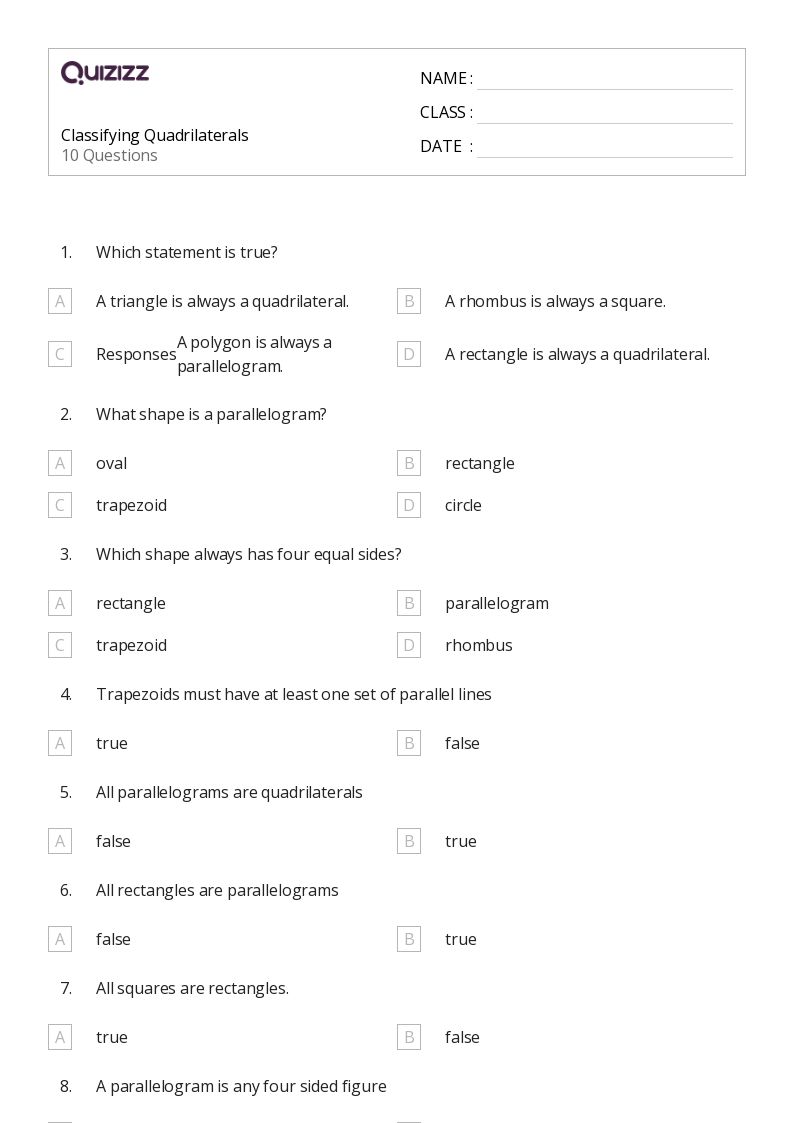 50+ Classifying Quadrilaterals worksheets for 1st Grade on Quizizz