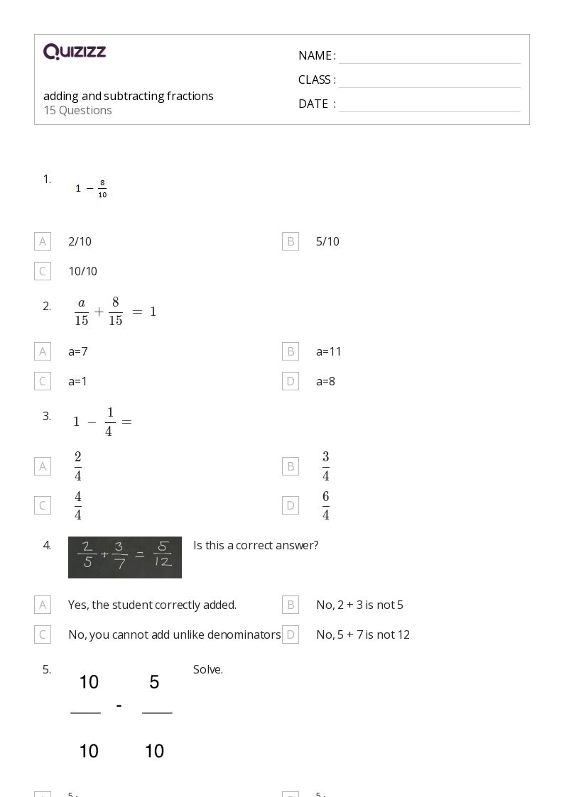 50+ Adding and Subtracting Fractions worksheets for 1st Class on Quizizz Free & Printable