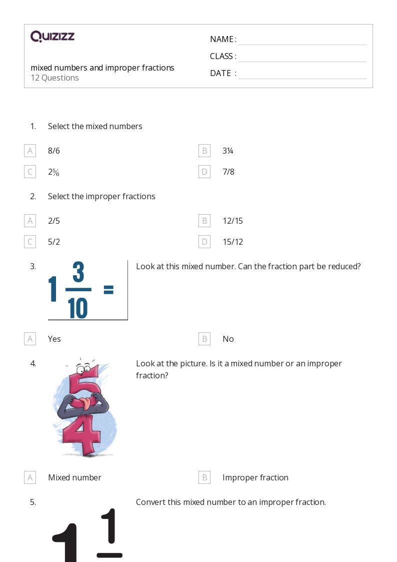 50+ Mixed Numbers and Improper Fractions worksheets on Quizizz Free