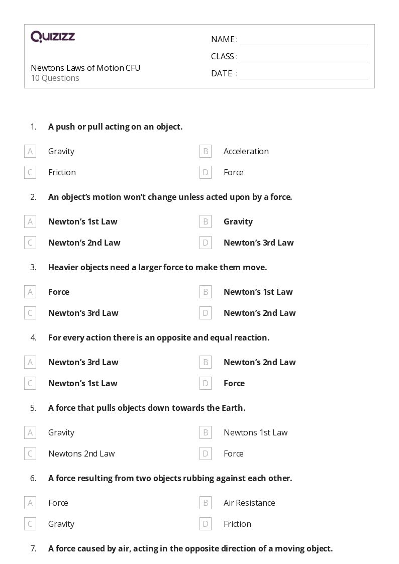 50+ forces and newtons laws of motion worksheets for 12th Grade on Quizizz Free & Printable