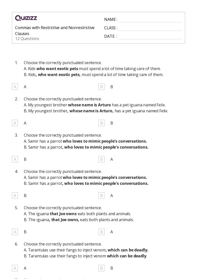 50+ Commas With Nonrestrictive Elements worksheets on Quizizz | Free