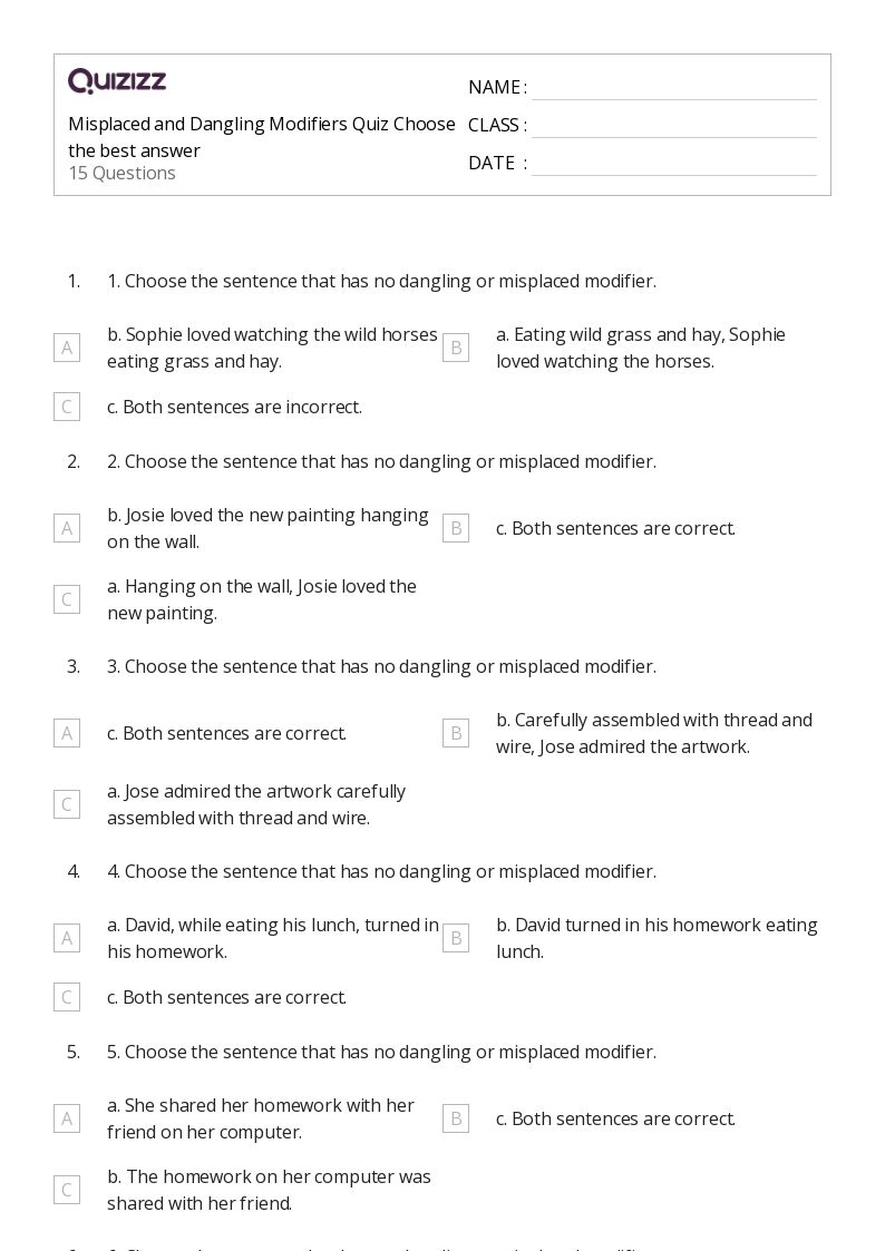 50+ Misplaced and Dangling Modifiers worksheets for 6th Grade on