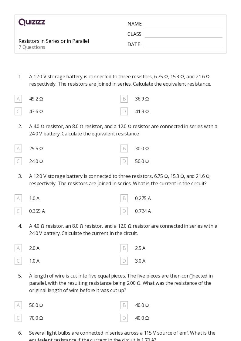50+ series and parallel resistors worksheets for 12th Class on Quizizz Free & Printable