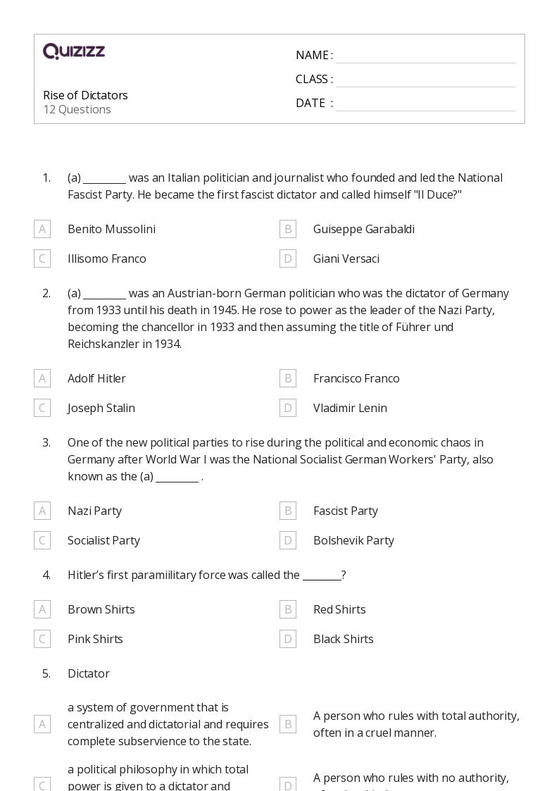 50+ nazism and the rise of hitler worksheets for 9th Year on Quizizz
