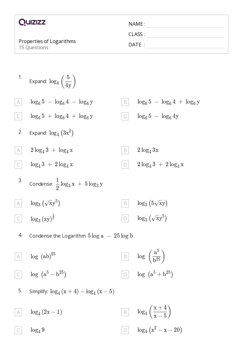 50+ Logarithms worksheets for 10th Class on Quizizz | Free & Printable