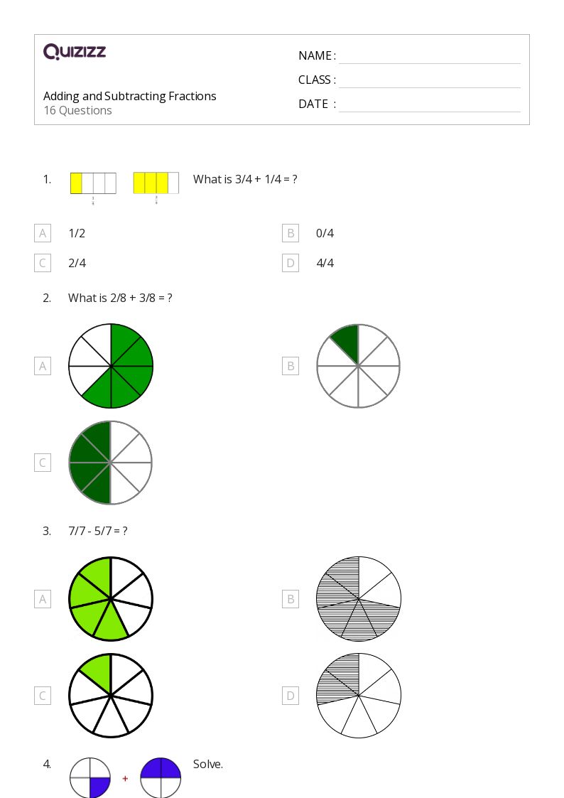 50+ Adding and Subtracting Fractions worksheets for 3rd Grade on Quizizz Free & Printable