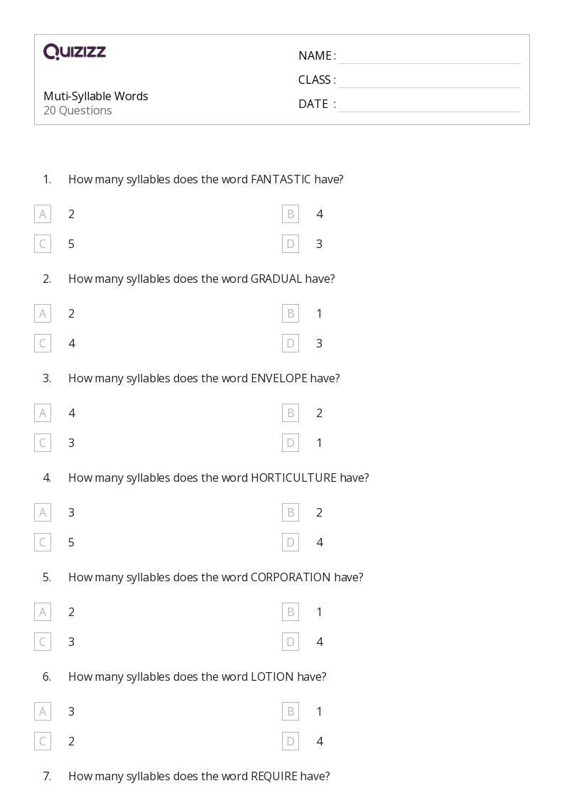 50+ Multiple Syllable Words worksheets for 3rd Grade on Quizizz | Free