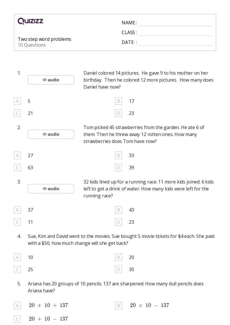 50+ TwoStep Word Problems worksheets for Kindergarten on Quizizz