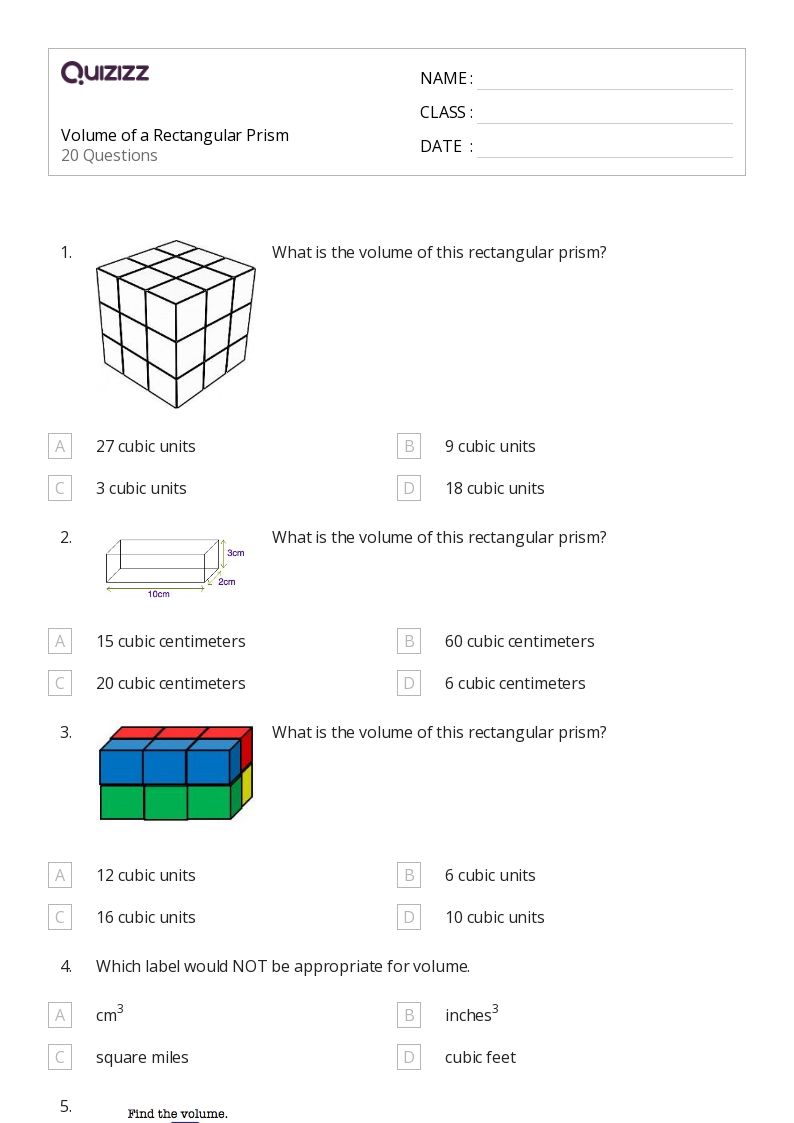 50+ Volume of a Rectangular Prism worksheets for 8th Grade on Quizizz
