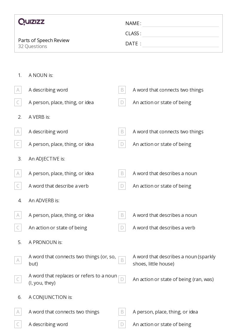 50+ Parts of Speech worksheets for Kindergarten on Quizizz Free & Printable