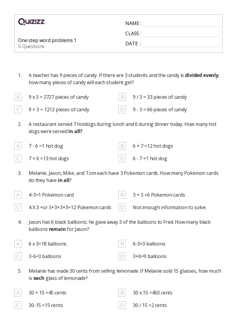 50+ Mixed Operation Word Problems worksheets for 1st Grade on Quizizz Free & Printable