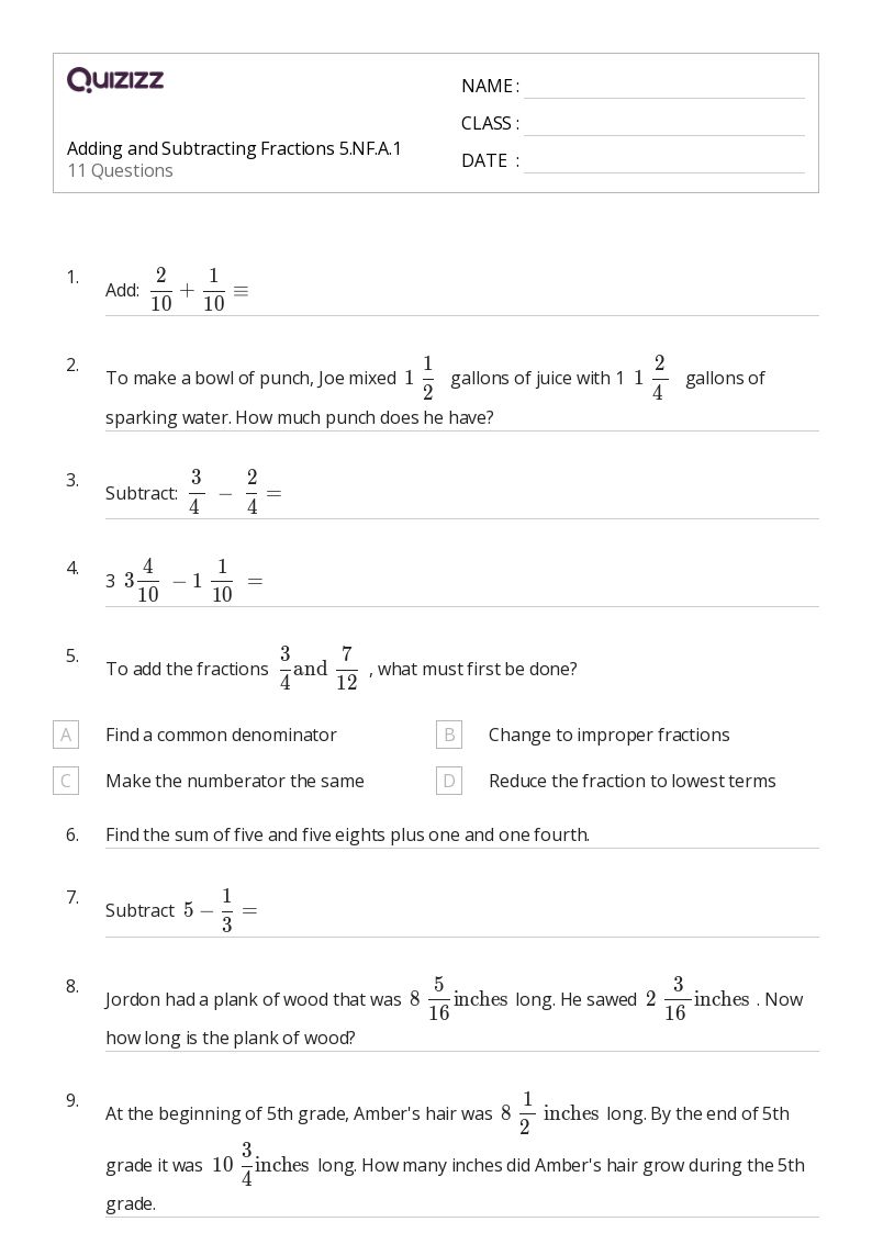 50+ Adding Fractions with Like Denominators worksheets for 5th Grade on