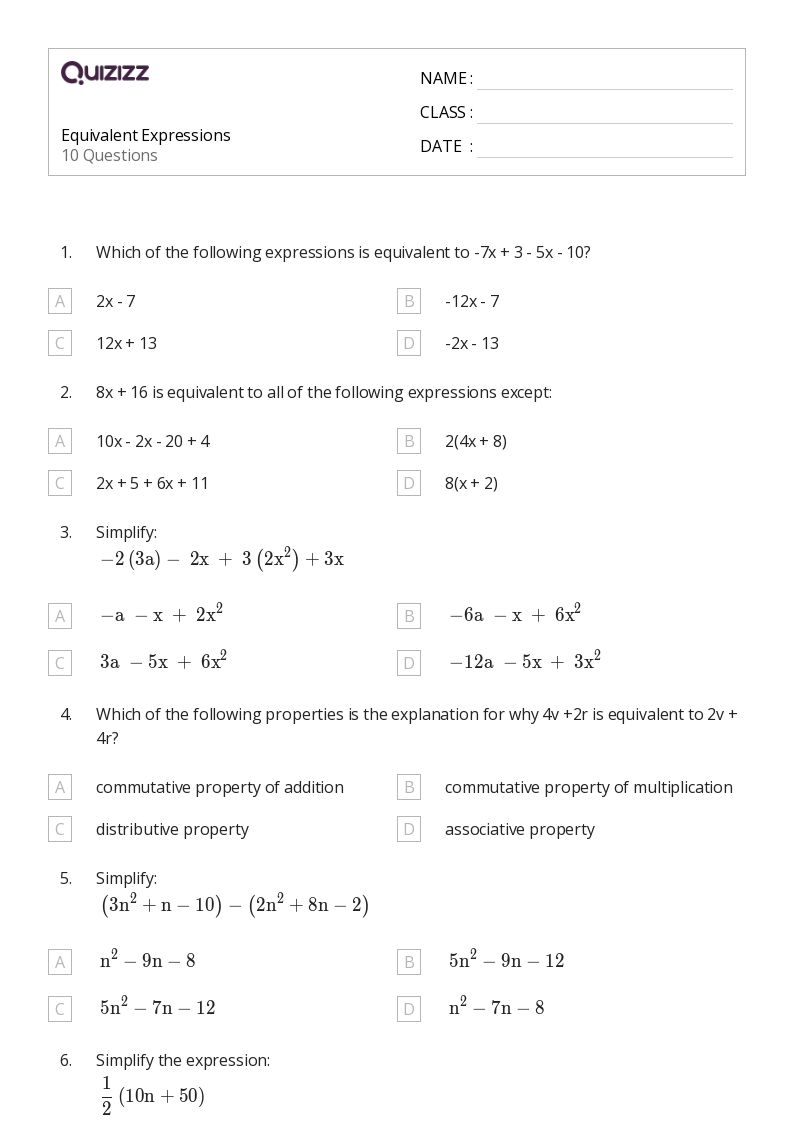 50+ Equivalent Expressions worksheets for 7th Grade on Quizizz | Free