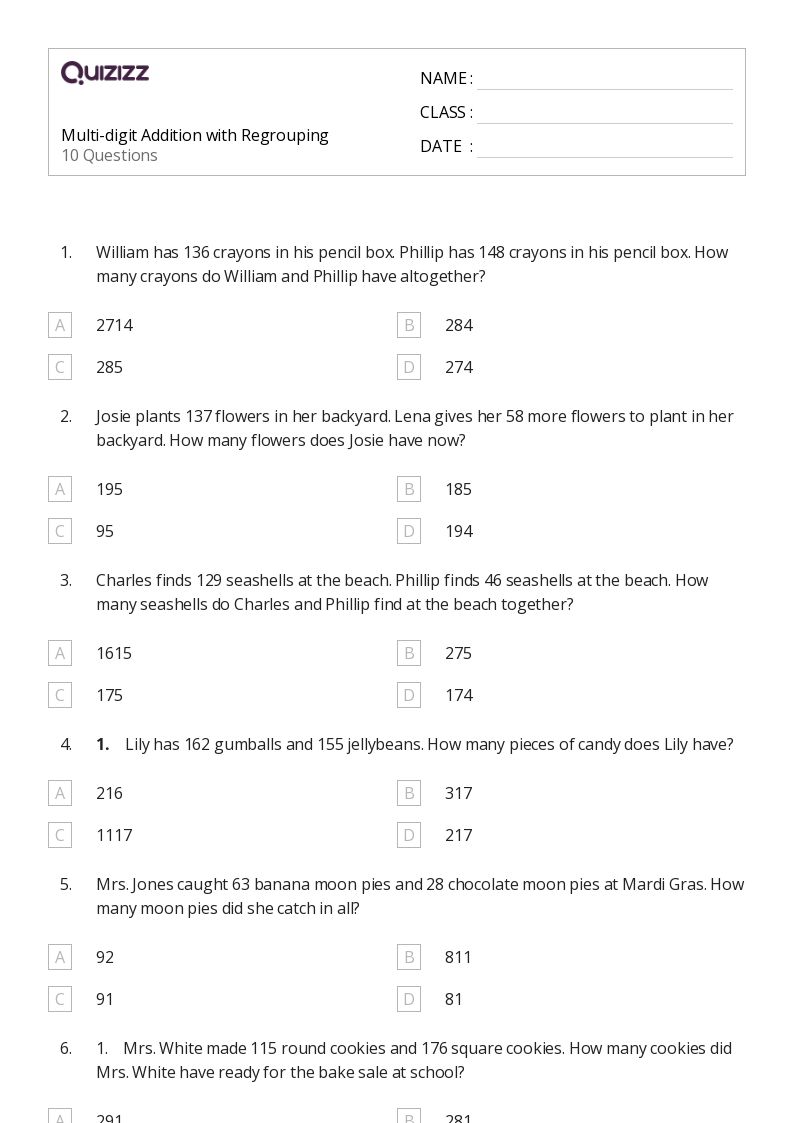 50+ Multi-Digit Addition worksheets on Quizizz | Free & Printable