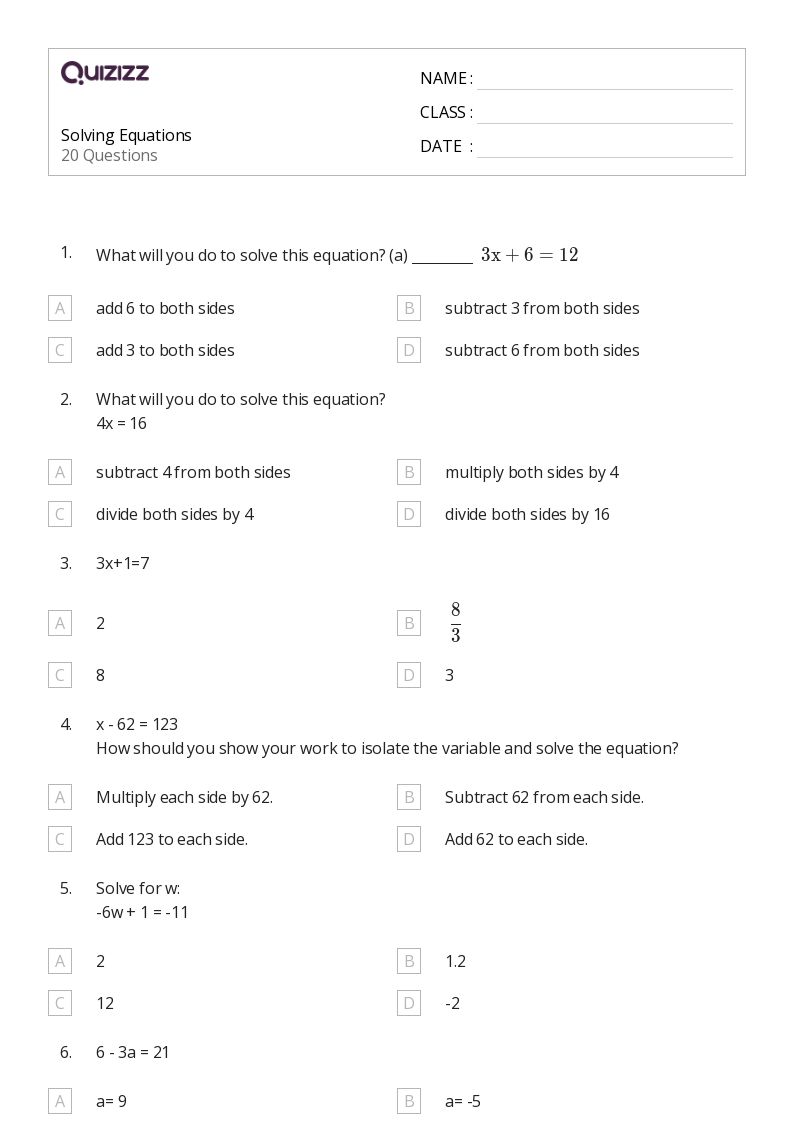 50+ Solving Equations worksheets for 7th Grade on Quizizz Free & Printable