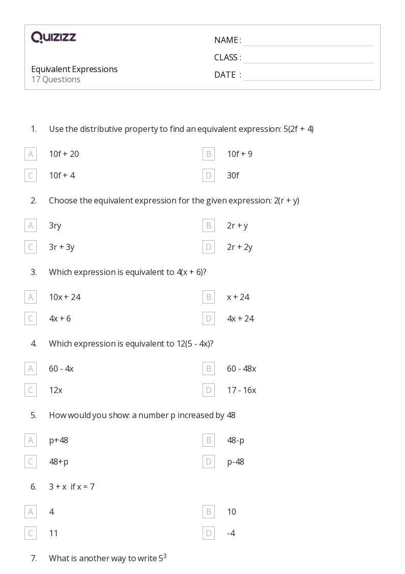 50+ Equivalent Expressions worksheets for 6th Grade on Quizizz | Free