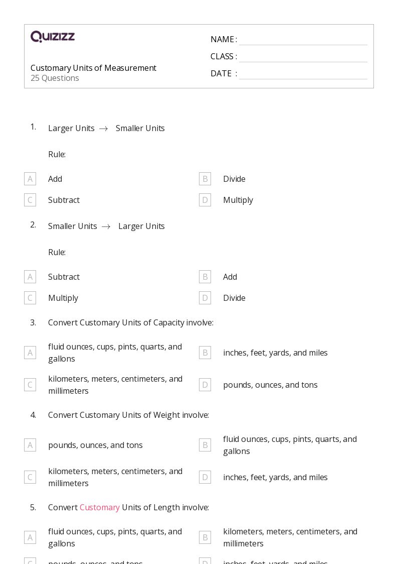 50+ Units of Measurement worksheets on Quizizz | Free & Printable