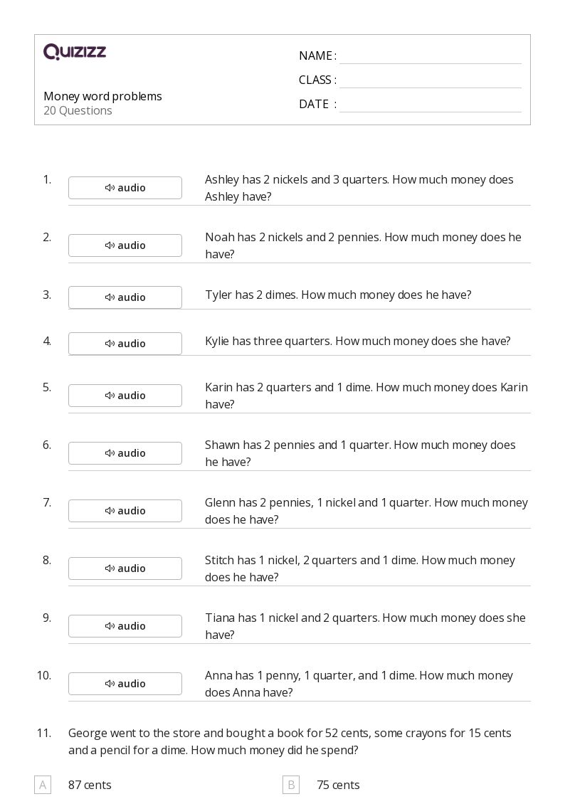 50+ Money Word Problems worksheets for 2nd Grade on Quizizz Free