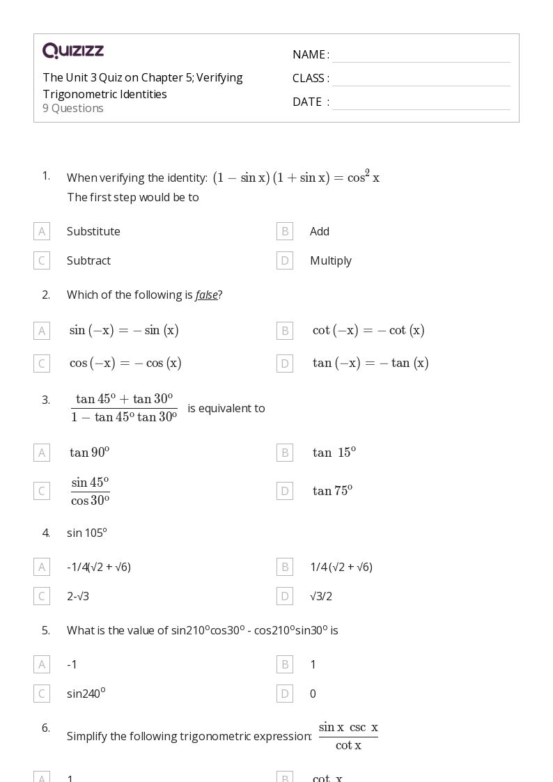 50+ trigonometric identities worksheets for 10th Year on Quizizz Free