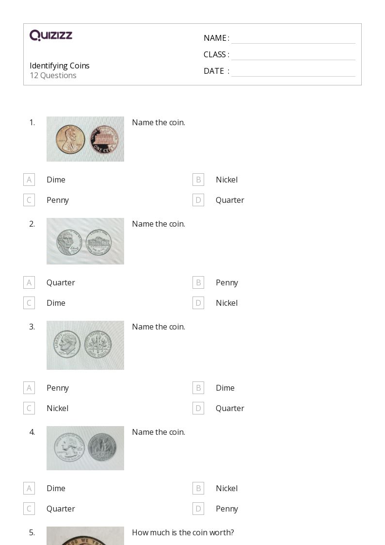 50+ Identifying Coins worksheets for Kindergarten on Quizizz Free & Printable