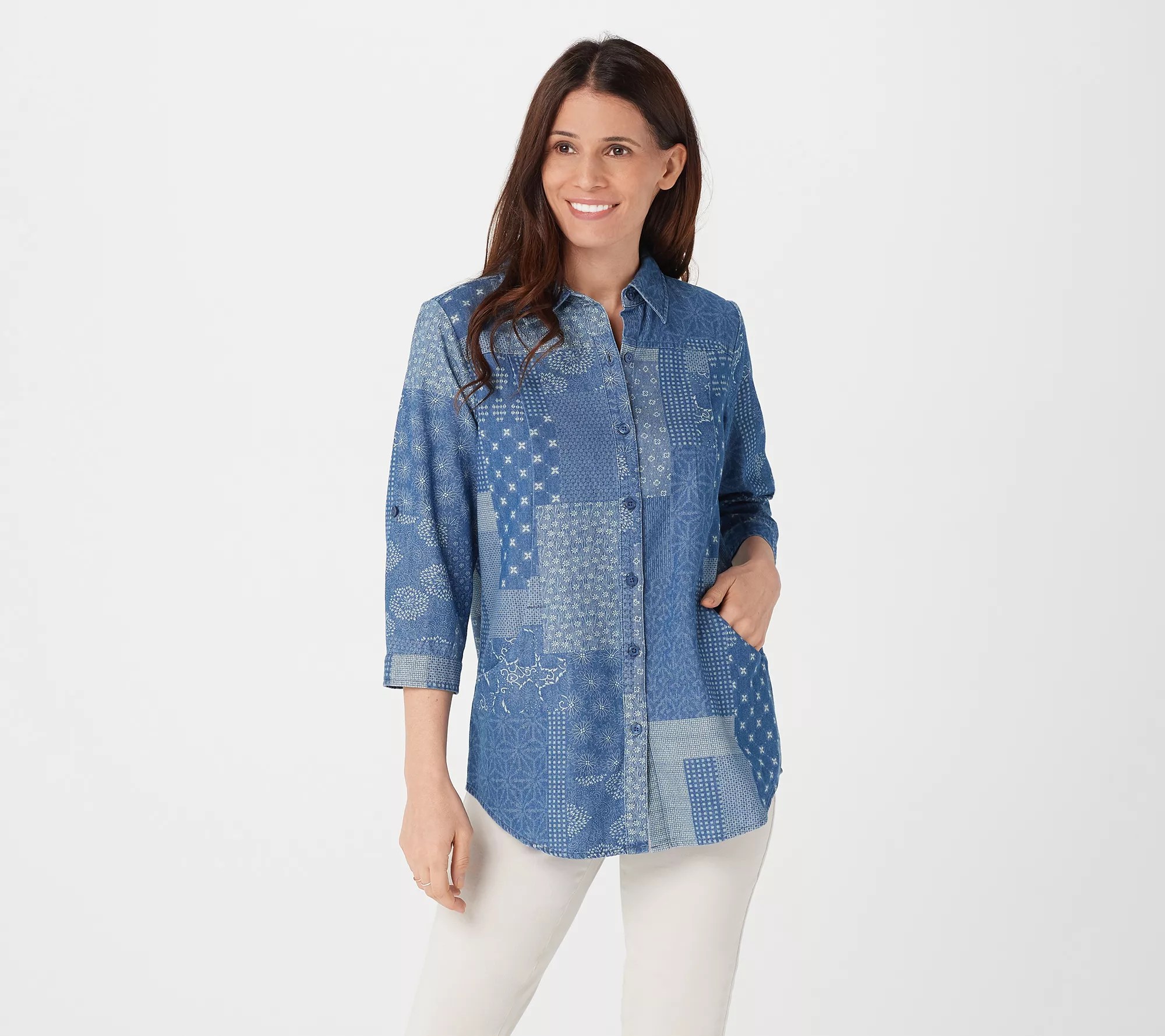 "As Is" Joan Rivers 3/4 Sleeve Patchwork Print Denim Shirt