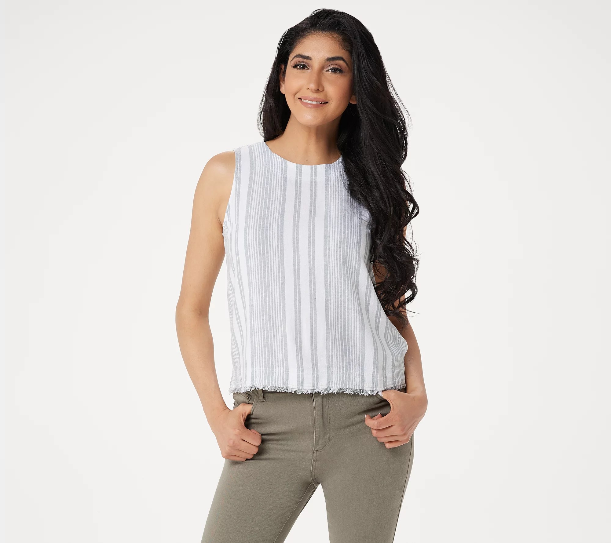 Side Stitch Sleeveless Striped Linen Blend Top with Button Detail