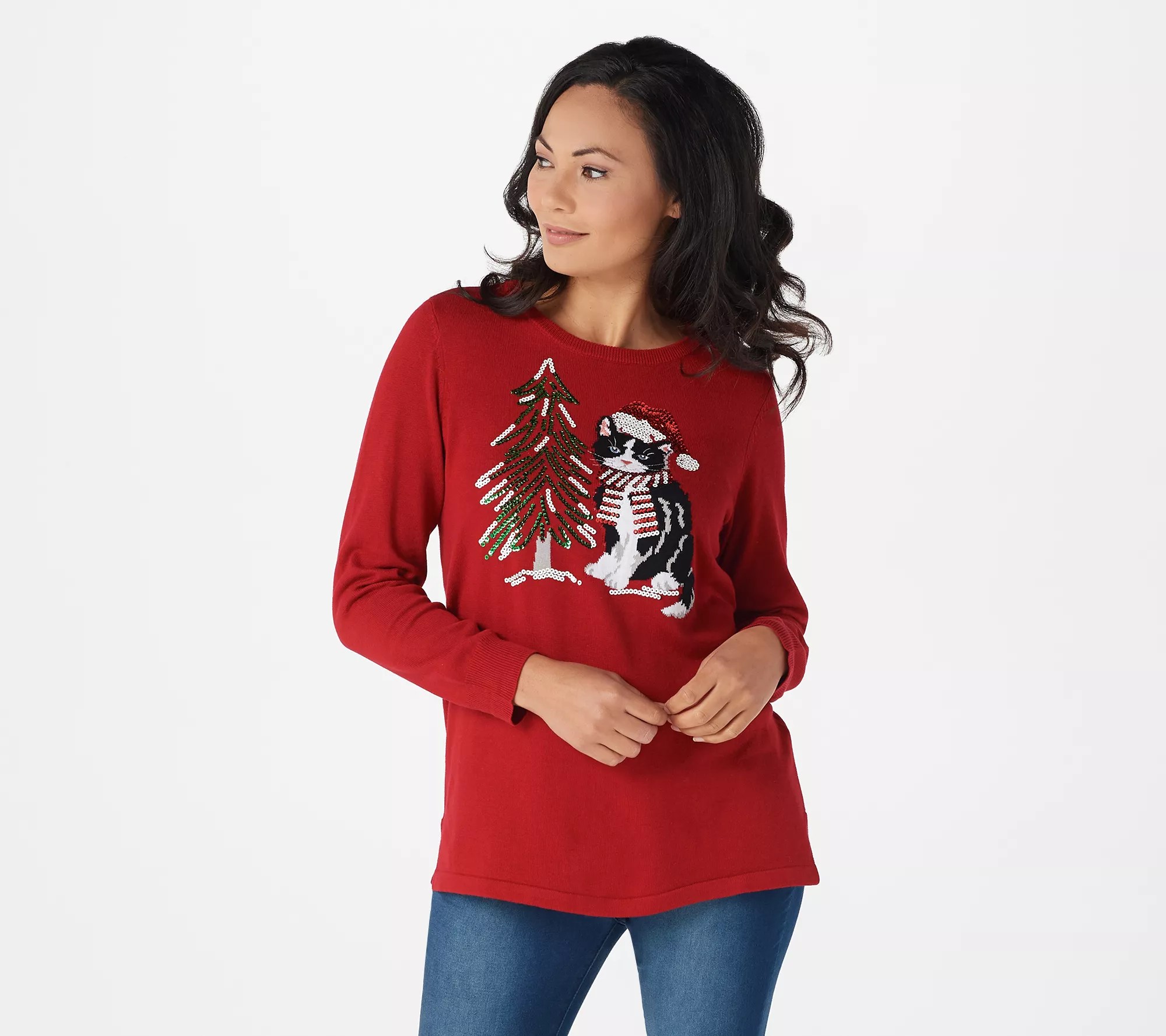 Quacker Factory Holiday Pets Long Sleeve CrewNeck Sweater