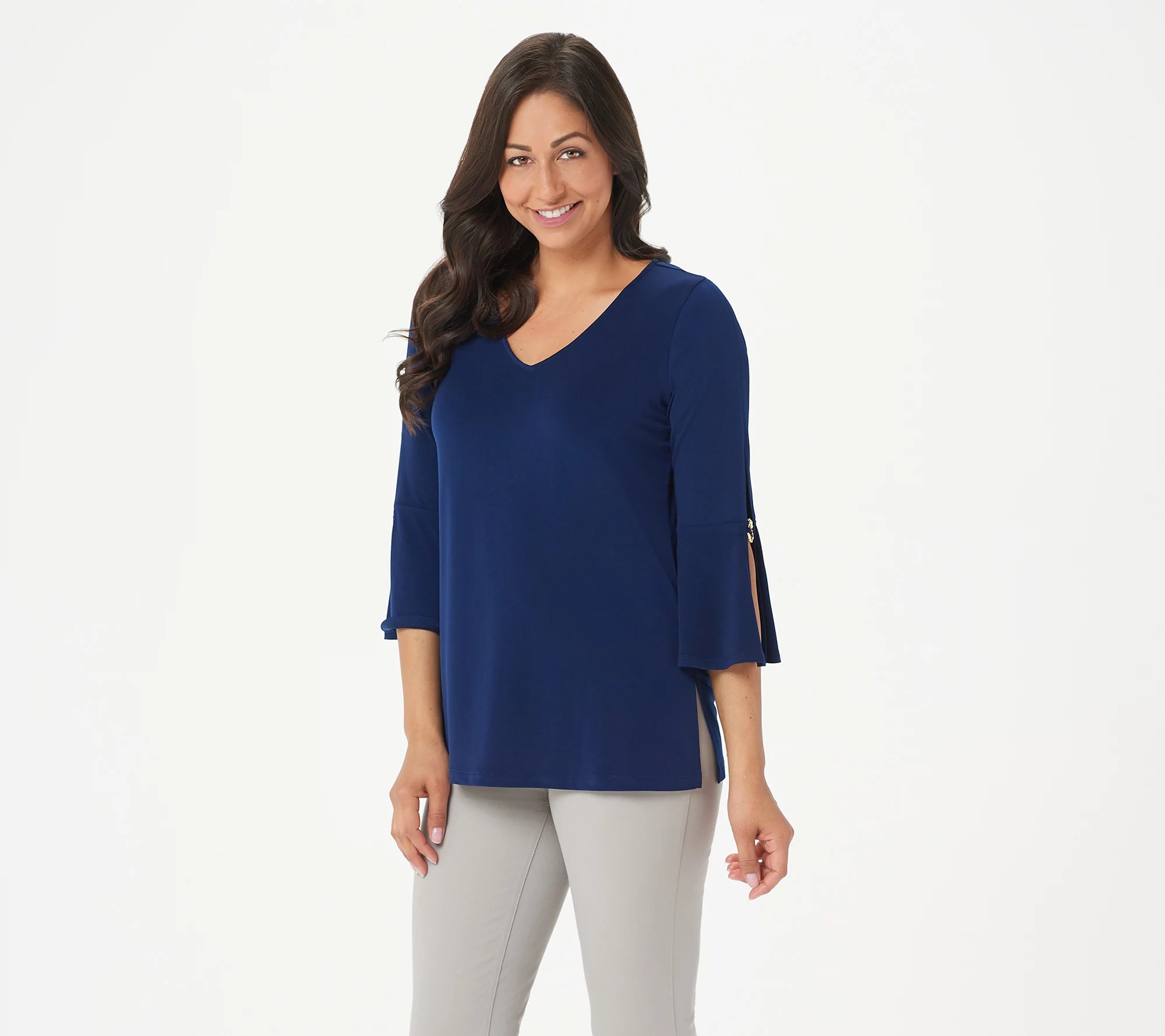 Susan Graver Liquid Knit 3/4Sleeve Top with Ring Detail