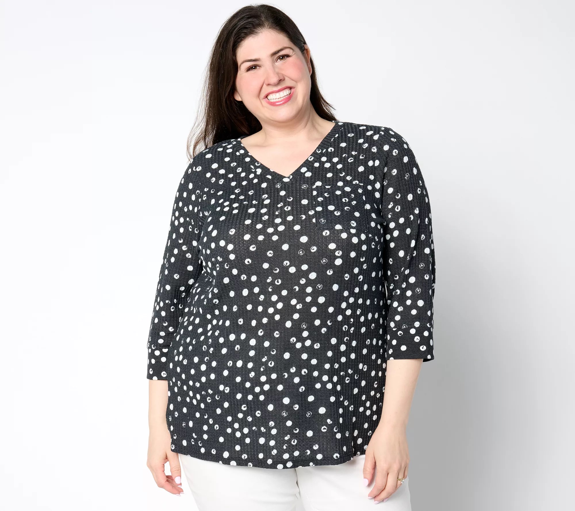 Belle by Kim Gravel 3/4 Sleeve Waffle Knit VNeck Top