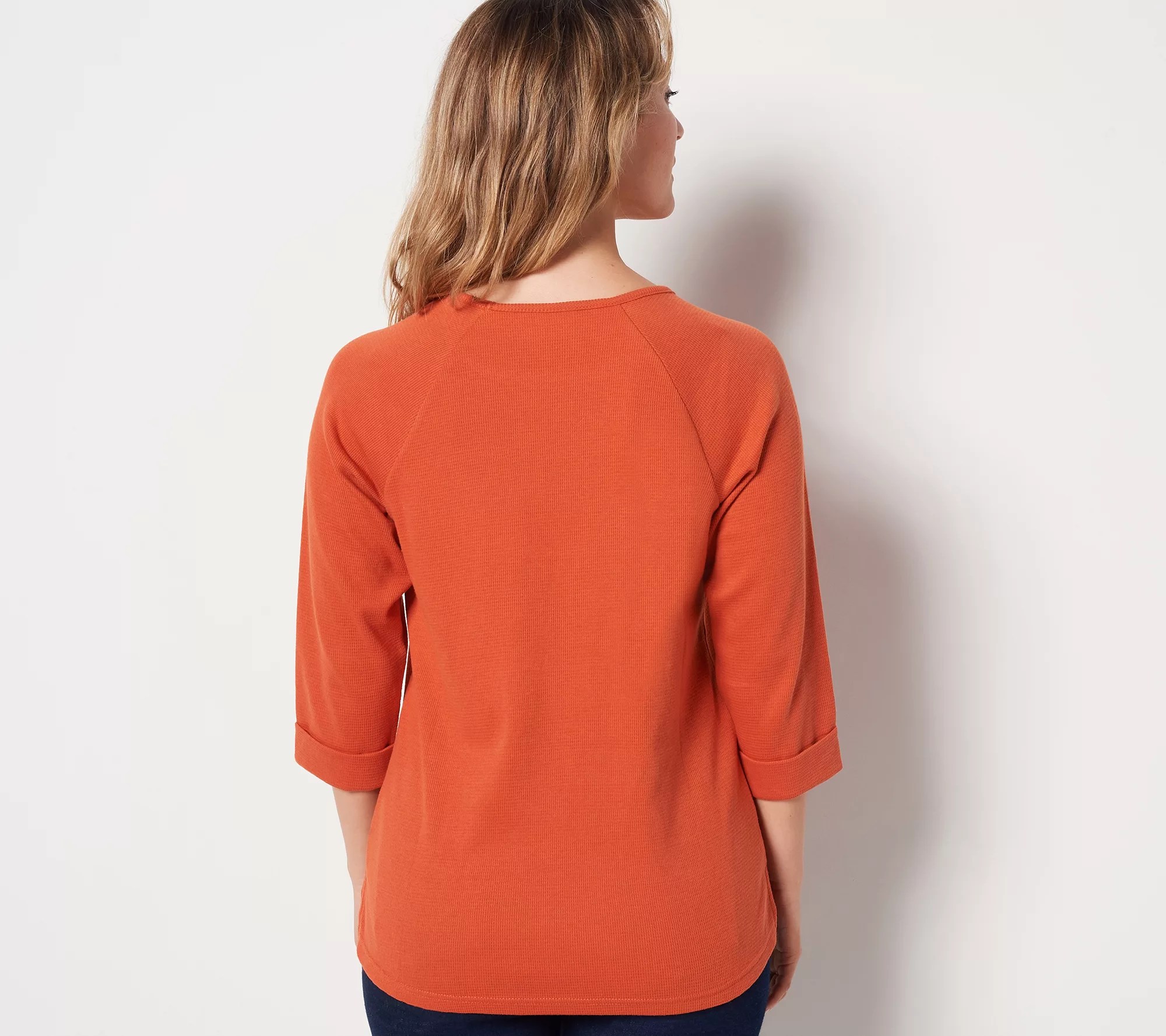 Quacker Factory Set of Two Waffle Knit 3/4Sleeve Tops w/ Bling Inset