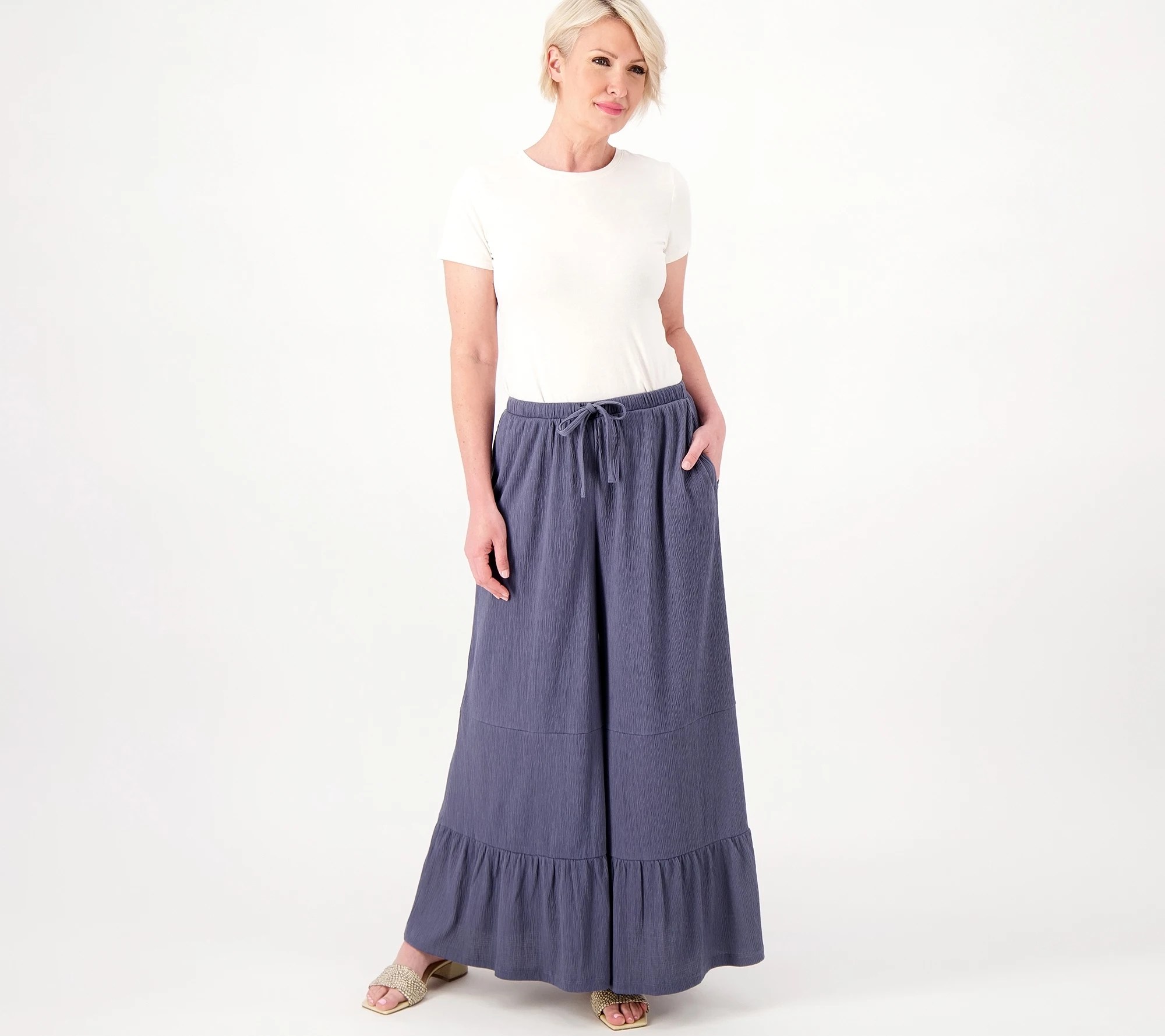 Peace Love World Regular Knit Gauze Tiered Wide Leg Pant