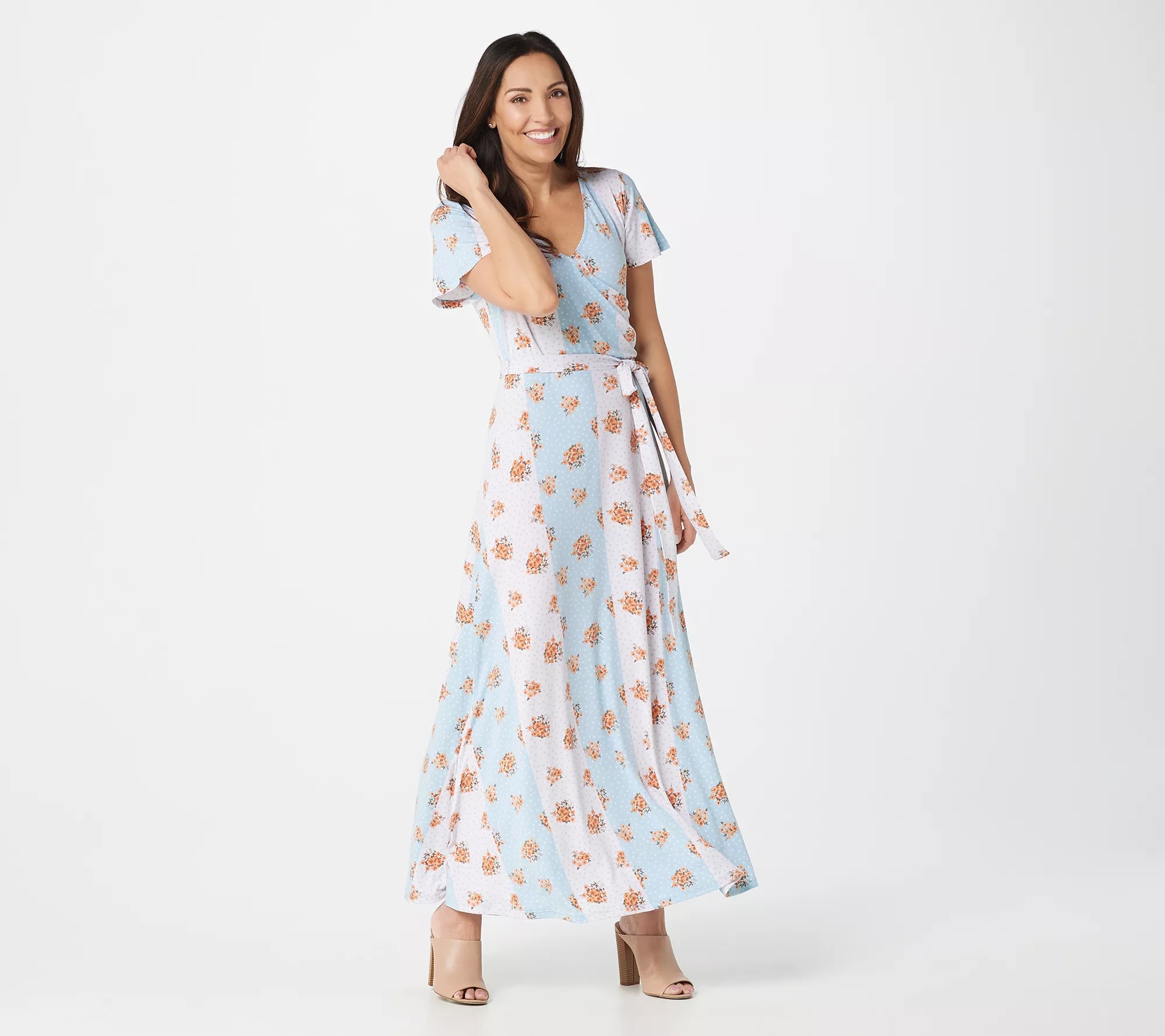 Du Jour Petite Short Sleeve Printed Wrap Maxi Dress