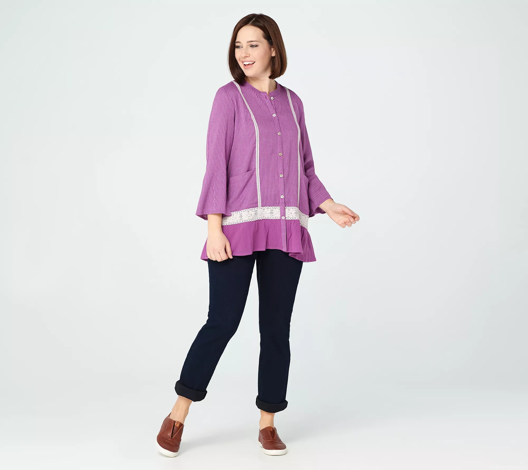 LOGO by Lori Goldstein Striped Gauze Blouse with Crochet Lace