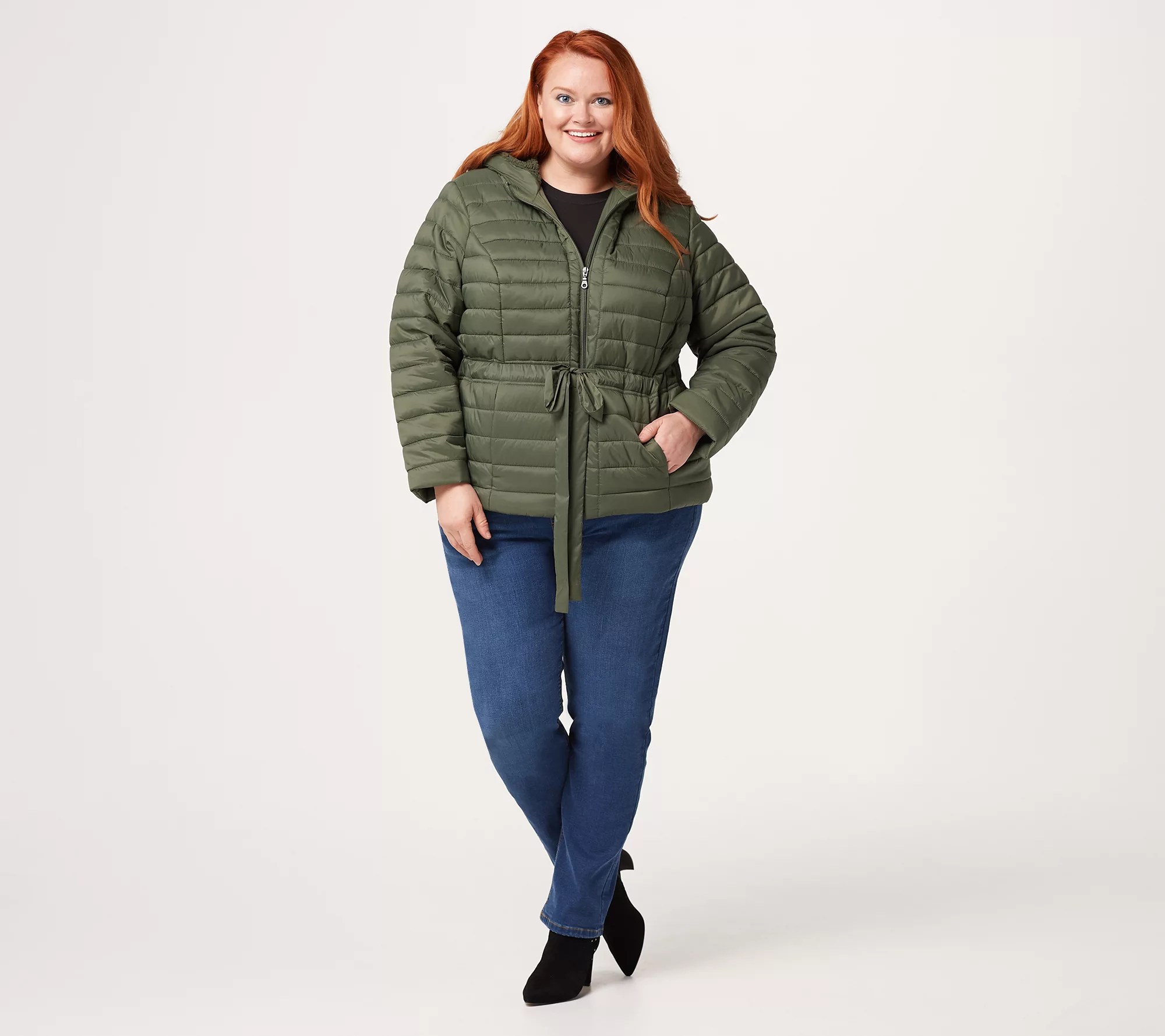 Denim & Co. Active Cinched Waist Puffer Jacket w/ Lined Hood