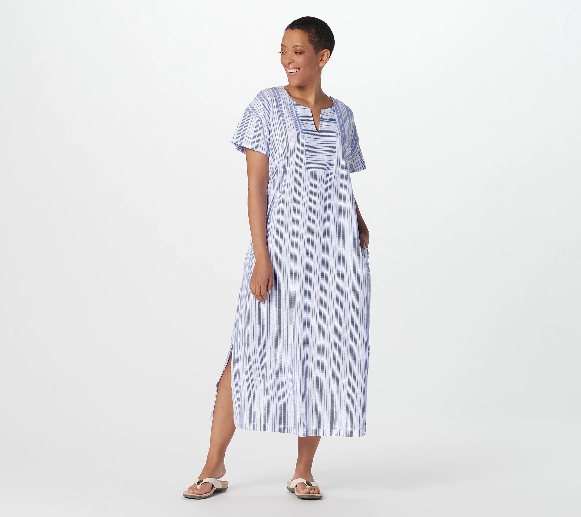 "As Is" Stan Herman Striped Cotton Jersey Knit Petite VNeck Caftan