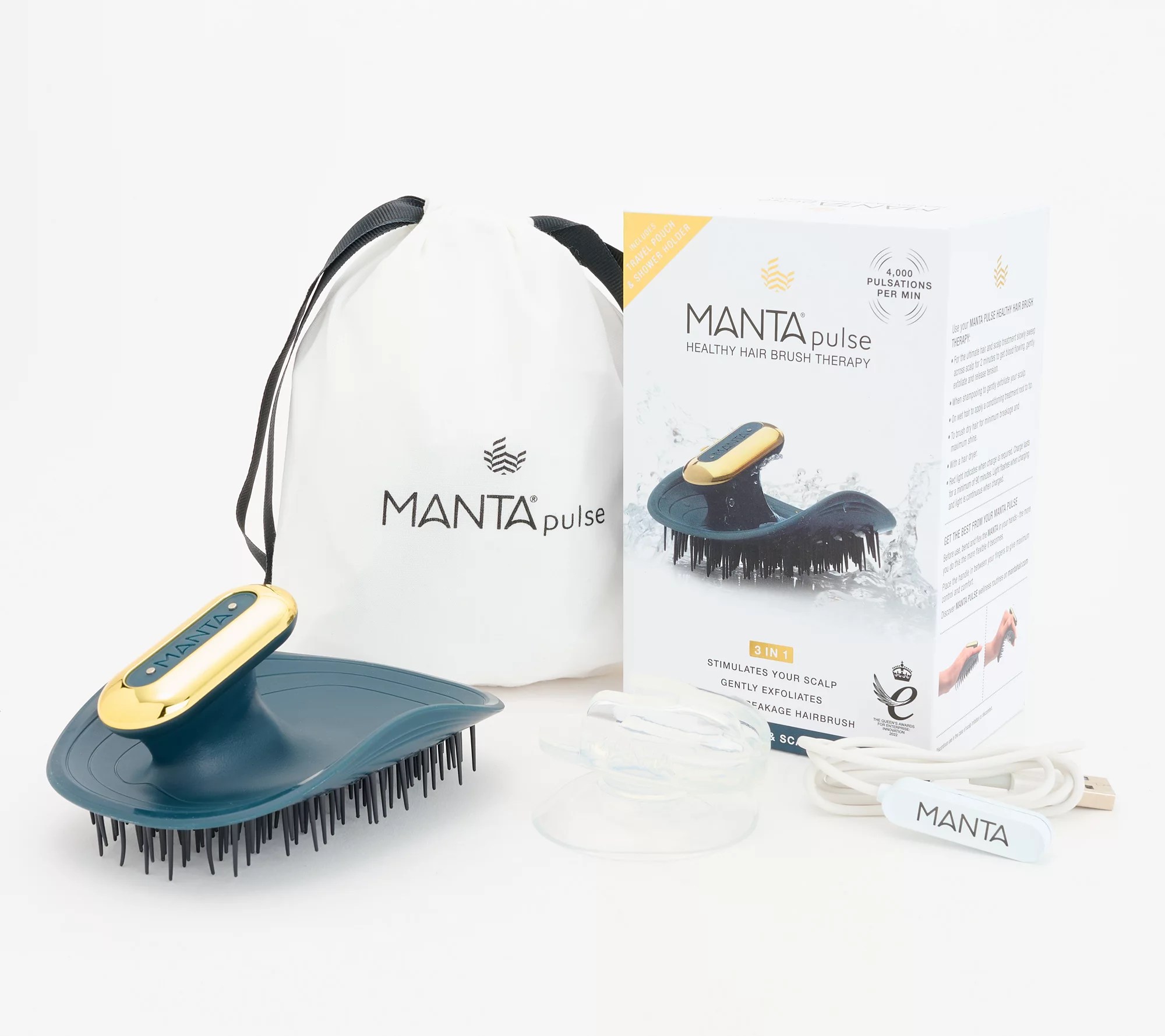 Manta Hair Pulse Hairbrush with Shower Holder & Travel Pouch