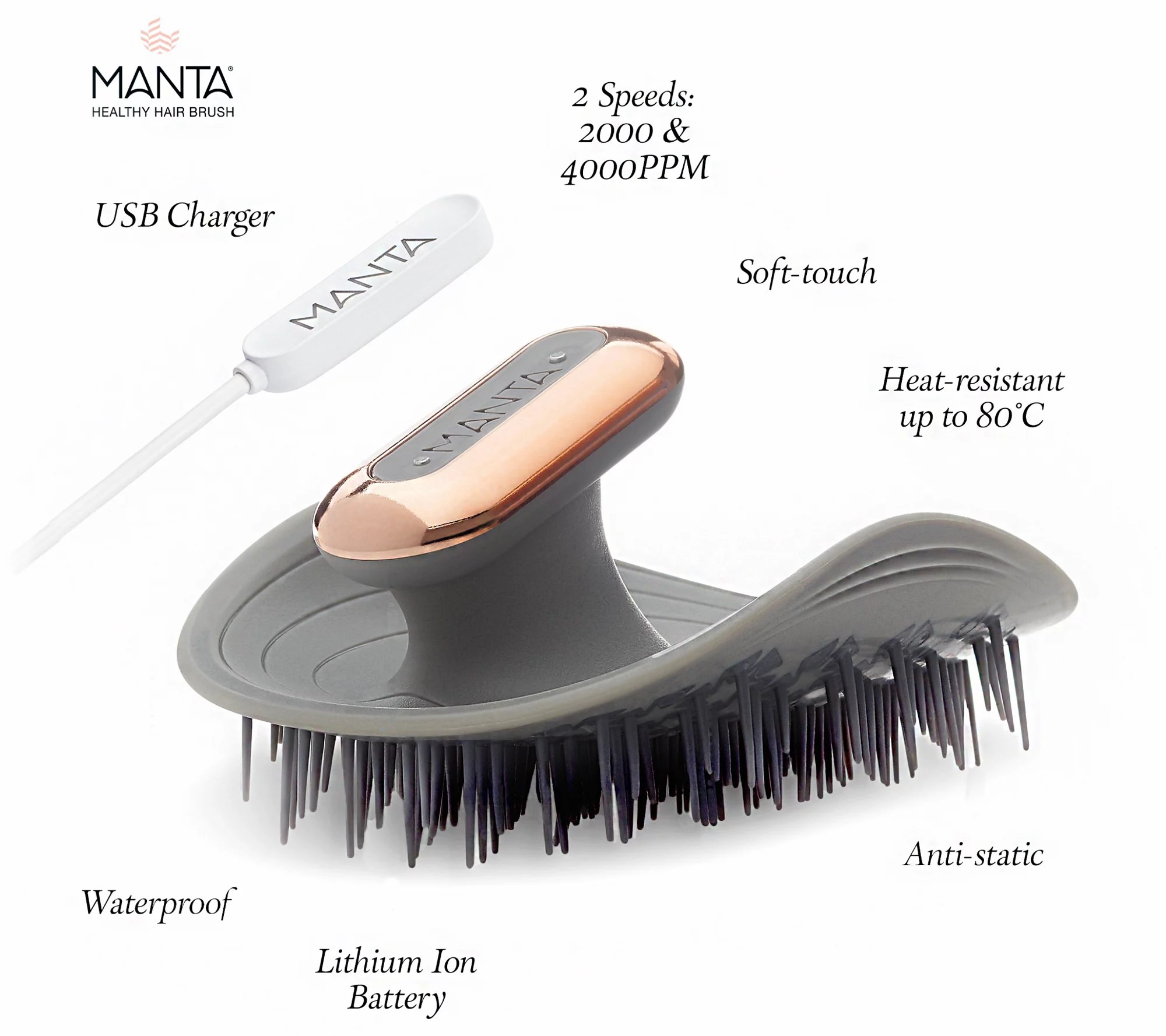 Manta Hair Pulse Hairbrush with Shower Holder & Travel Pouch