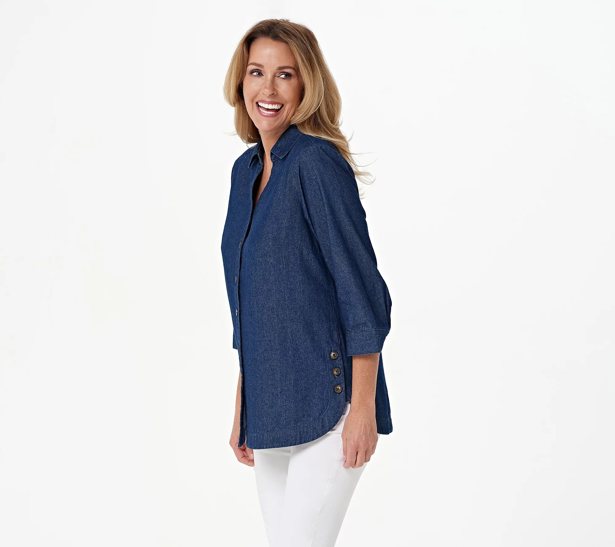 Joan Rivers 3/4 Sleeve Denim Shirt w/ Side Button Detail