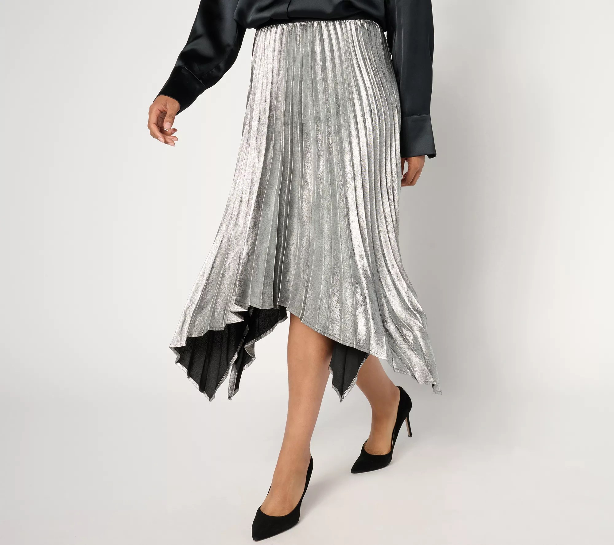 GRAVER Susan Graver Regular Metallic Woven Pleated SKirt