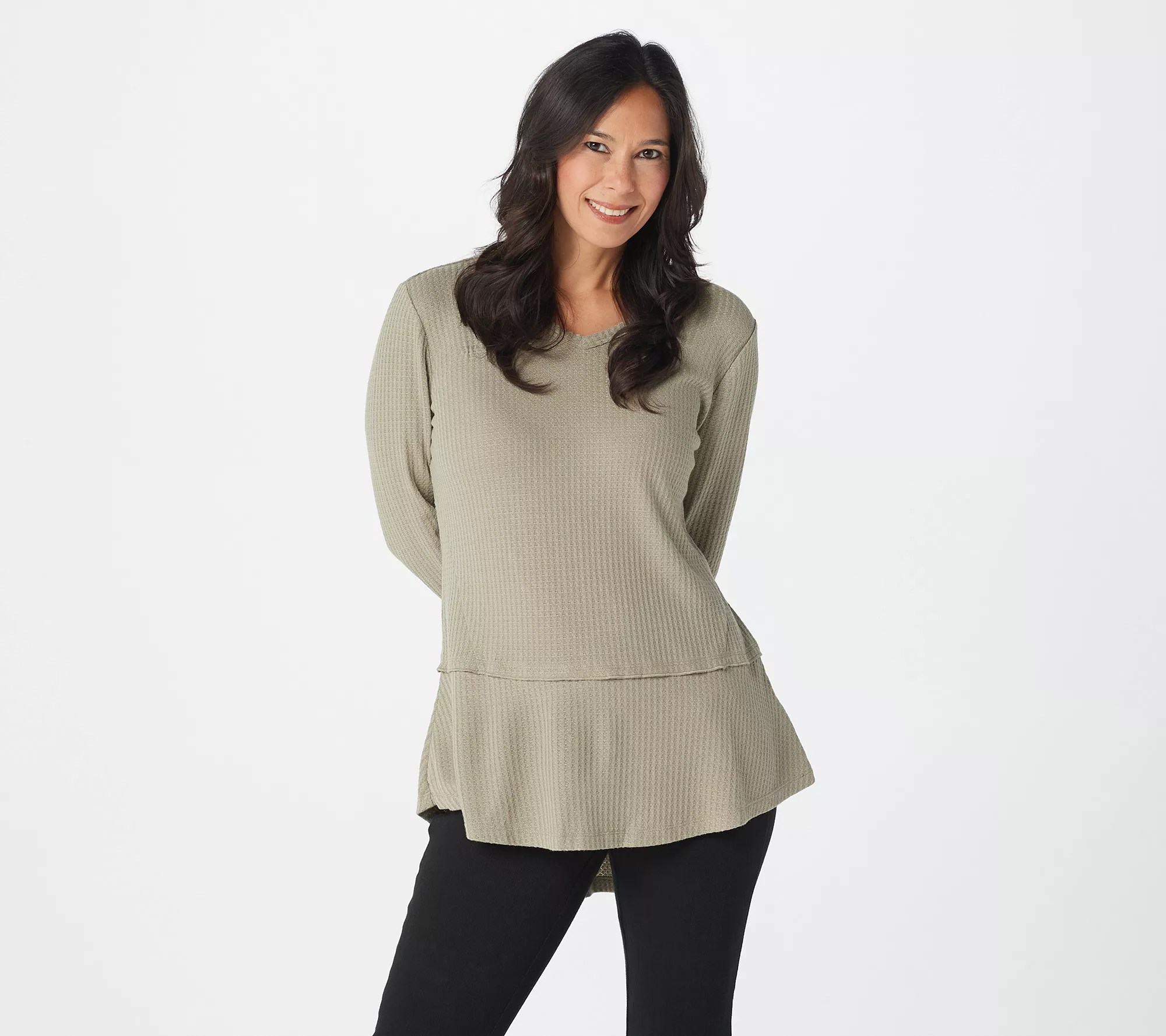 Belle by Kim Gravel VNeck Waffle Top with Ruffle Hem
