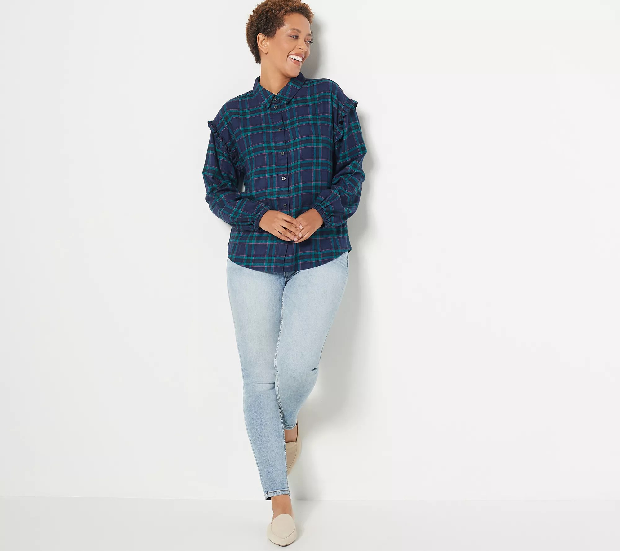 Candace Cameron Bure ButtonFront Plaid Shirt w/ Ruffle Detail