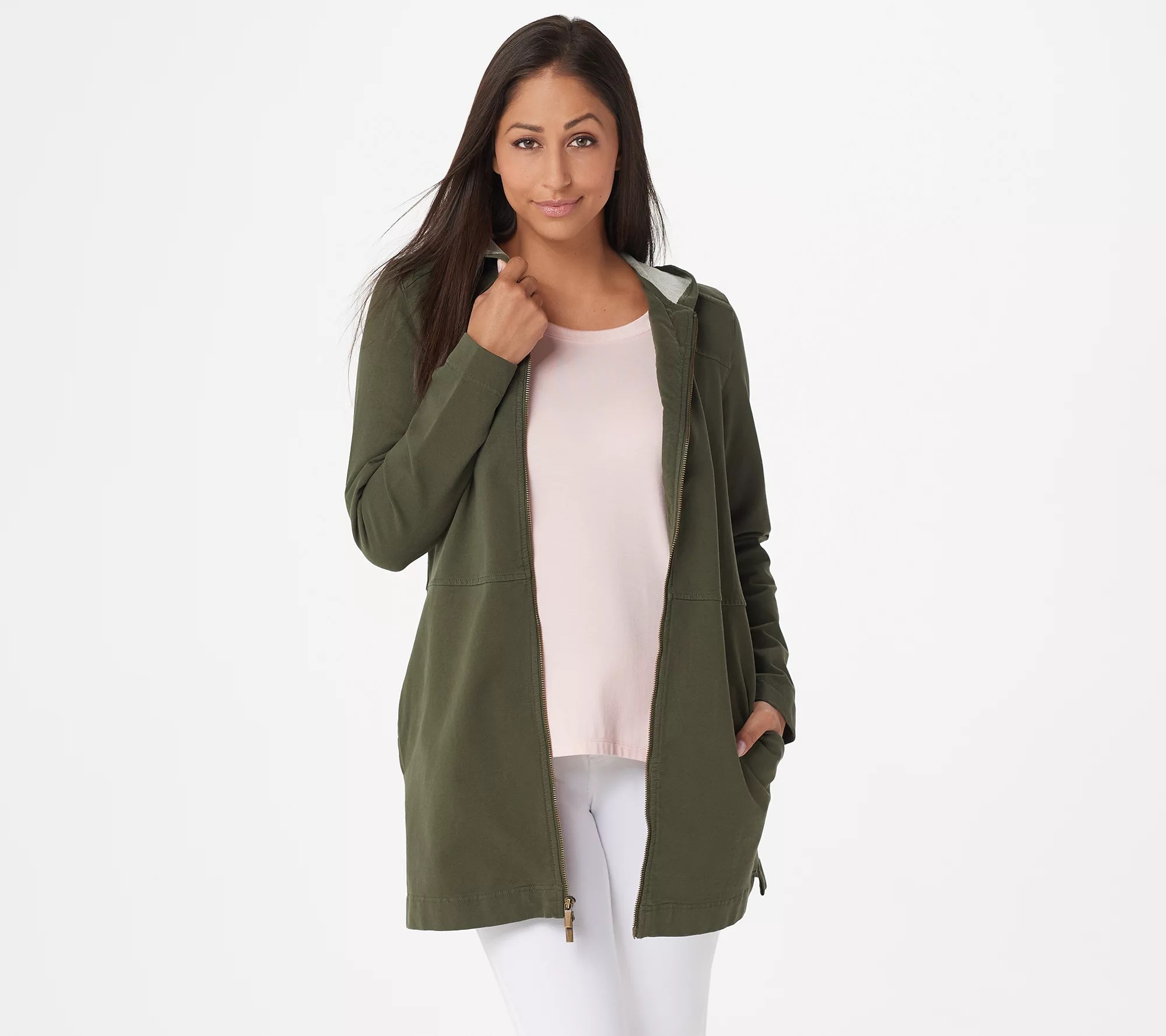 Denim & Co. Petite Comfy Knit Denim Zip Front Jacket