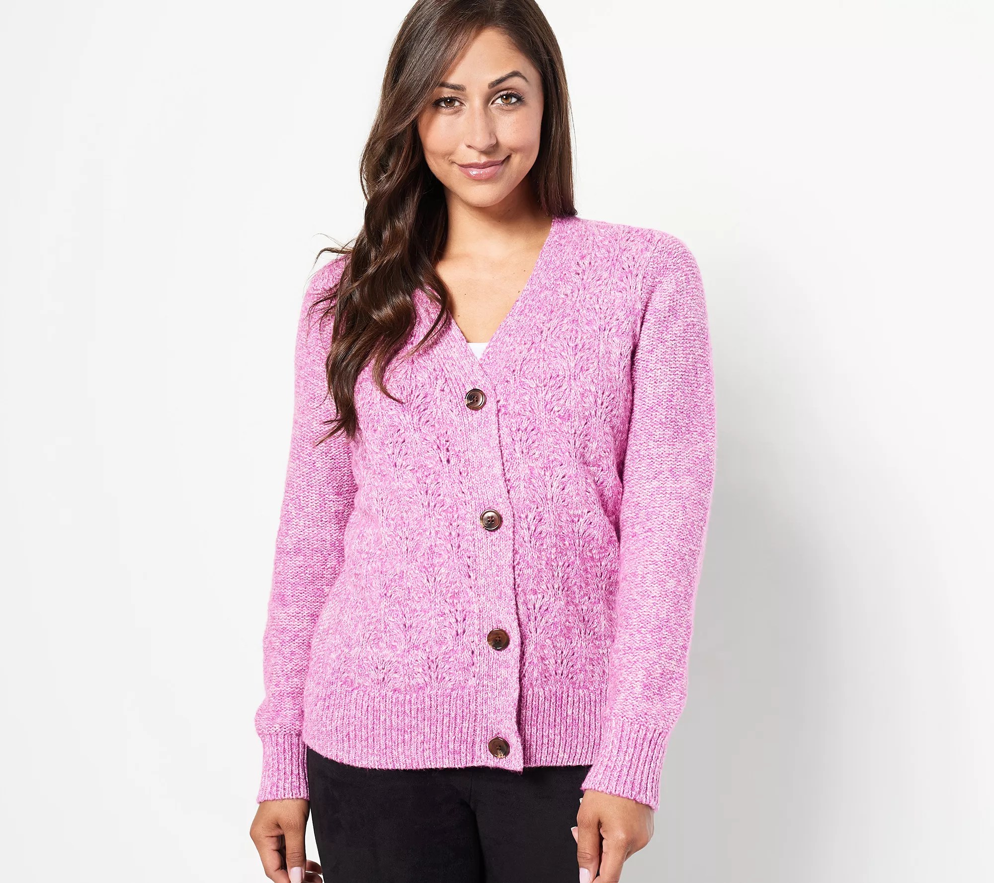 Susan Graver ButtonFront Pointelle Cardigan Sweater