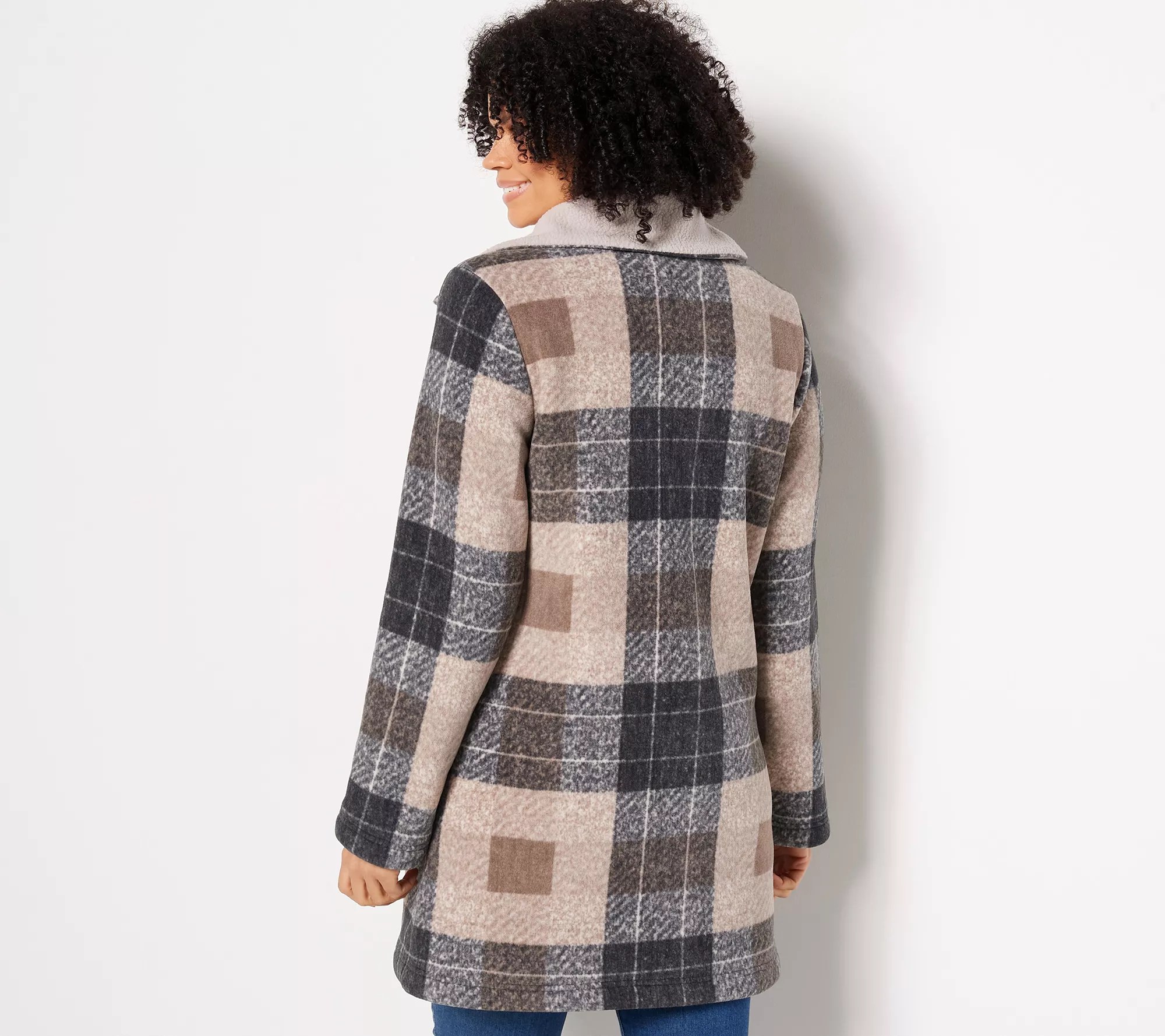 Denim & Co. Plaid Print Sherpa Lined Fleece Zip & Snap Front Coat
